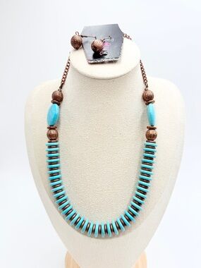 NWT Paparazzi Turquoise Blue Beaded Necklace & Earrings Set Copper Tone